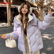 鴨鴨羽絨服官方旗艦店服女冬季羽絨服新短款小個(gè)子加厚白鴨絨洋氣外套 紫色 S 90-105斤