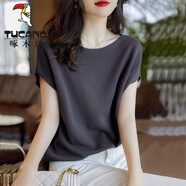 啄木鳥(niǎo)冰絲短袖T恤女2026新款夏裝薄款針織衫寬松蝙蝠袖洋氣一字領(lǐng)上衣 DX544#深咖啡. M 建議100-120斤