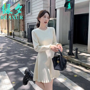 綠夕（REAXUR）女士高檔連衣裙女秋冬2025年新款氣質(zhì)收腰高級感小個(gè)子針織毛衣裙 米白色 L （建議105斤-118斤）