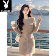 花花公子（PLAYBOY）小個(gè)子超好看加厚毛衣裙子氣質(zhì)女神范秋冬季小香風(fēng)收腰針織連衣裙 燕麥色（同色腰帶） M