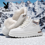花花公子男鞋2025棉鞋秋冬季新款鞋子男款高幫休閑小白鞋板鞋男士復古皮鞋 米白加絨 PL250123602M 42