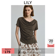 LILY2025夏新款女裝法式蕩領(lǐng)不對稱(chēng)休閑彈力百搭氣質(zhì)通勤短袖T恤 509深灰 L