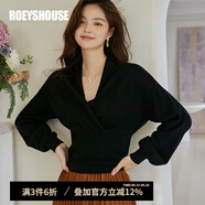 ROEYSHOUSE羅衣輕奢48%綿羊毛套頭毛衣女秋裝新款V領(lǐng)蝙蝠袖針織衫07005 黑色 M