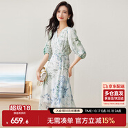 尚都比拉[100%桑蠶絲]夏季短袖真絲連衣裙女V領(lǐng)高級(jí)感氣質(zhì)印花裙