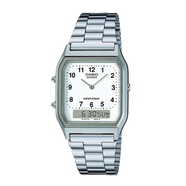 卡西歐手表雙顯運(yùn)動防水復(fù)古金屬銀色小方塊雙顯男女 AQ-230A-7B