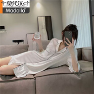 莫代爾冰絲睡裙女2025年新款夏季冰絲薄款襯衫裙冰絲睡衣純欲連衣裙女秋 白色七分袖睡裙 L 建議100-115斤]