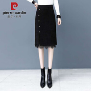 皮爾卡丹加厚半身裙女秋冬新款高腰大碼a字裙針織蕾絲毛線(xiàn)裙開(kāi)叉一步裙子 黑色 加厚 S 80-95斤