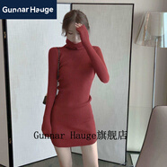 Gunnar Hauge連衣包臀裙春秋款矮小個(gè)子性感緊身修身長(zhǎng)袖短裙高領(lǐng)針織女秋冬 酒紅色