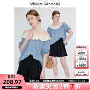 VEGA CHANG牛仔短袖襯衫女2025年夏季新款法式小眾設(shè)計(jì)感寬松荷葉邊圓領(lǐng)上衣 海鹽藍(lán) S