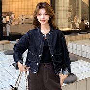歐潤娜牛仔外套女短款秋季新款韓版復古寬松高級感小個(gè)子春秋季夾克上衣 藍色 S
