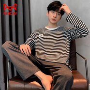 貓人（MiiOW）睡衣男士秋冬季純棉長(cháng)袖圓領(lǐng)寬松韓版休閑時(shí)尚外穿全棉家居服套裝 條紋黑3558 2XL (建議145-165斤)