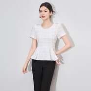 百麗駝美士（BALITOMMS）-南油名媛風(fēng)優(yōu)雅氣質(zhì)肌理感T恤女夏款荷葉邊收腰魚(yú)尾上衣 白色 S