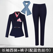 珂芙妍夜場(chǎng)前臺(tái)工作服長袖商務(wù)職業(yè)裝西裝套裝女秋冬款售樓部酒店經(jīng)理珠 長袖西裝+褲子（藏青色+配藍(lán)色絲巾） S