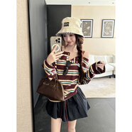 誦齡實(shí)拍 秋韓版撞色條紋拼接呆帶一字肩長(cháng)袖T恤上衣+高腰百搭半身裙 上衣3372 L