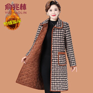 俞兆林（YUZHAOLIN）中老年人女冬裝加絨長(cháng)版厚棉T媽媽加厚棉服大衣奶奶裝翻領(lǐng)棉襖外 3號色黑格 XL (參考90-105斤)