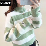 NY-RCE毛衣女2025冬季新款高品質(zhì)高領(lǐng)加厚寬松款秋冬短款潮流百搭針織衫 條紋綠半高領(lǐng) (保暖)  加厚 均碼