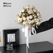 詠幻歐式輕奢高級仿花新娘定制假花花束領(lǐng)證手捧花仿真花裝飾花 白色胭脂珠串手捧花送珍珠鏈