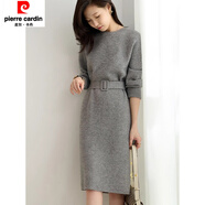 皮爾卡丹（pierre cardin）連衣裙女秋冬厚寬松腰帶顯瘦純色簡(jiǎn)約中長款針織配大衣打底裙外搭 灰色 3XL 建議145左右