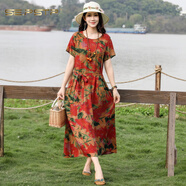 夏典素訂女王（SE.PSTP）夏季棉綢連衣裙新款寬松氣質(zhì)過(guò)膝收腰大碼中年媽媽顯瘦碎花裙子 高支有垂感【2號色】 XL 建議90-115斤