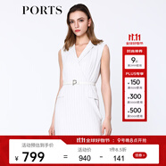 PORTS寶姿 新品女裝條紋西裝領(lǐng)無(wú)袖連衣裙ALN8D078FFB009 米白色條紋 0