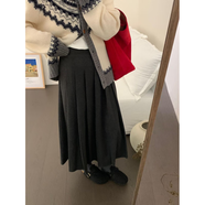 CEENIU灰百褶裙女秋季加厚毛呢中裙顯瘦遮肚a字半身裙梨形身材長(cháng)裙 灰色長(cháng)裙 M