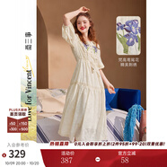 兩三事度假風(fēng)法式連衣裙女茶歇24夏季復(fù)古刺繡方領(lǐng)短袖裙子嗜好冷鳶 米杏色 M