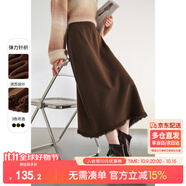 尚都比拉針織流蘇半身裙冬季彈力松緊腰直筒裙中長款一步裙 板栗棕 均碼
