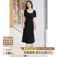 尚都比拉輕職場藍(lán)色連衣裙女夏季收腰中長裙泡泡袖裙子 黑色152L80063  S