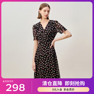 敦奴（DUNNU）dunnu敦奴2024夏季新款中長(zhǎng)款法式V領(lǐng)雪紡印花連衣裙女 正黑色 L