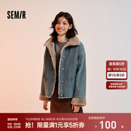 森馬（Semir）牛仔棉服女拼接毛領(lǐng)美式復(fù)古2024冬寬松毛邊夾克街頭潮流 牛仔黃泥染80325 M 160/84A
