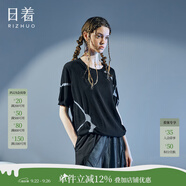 日著原創(chuàng)純棉針織短袖T恤女2025秋新款嵌花圓領(lǐng)不對稱洋氣上衣女 靜夜黑 M