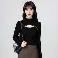 森馬（Semir）黑色半高領(lǐng)針織衫女秋冬2025秋季新款鏤空顯瘦毛衣內搭打底衫上衣 黑色 S 155/80A