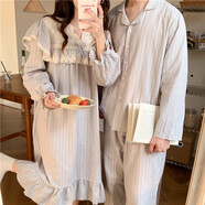 棉麻刺繡蕾絲連衣裙外穿家居服情侶裝睡衣一男一女夫妻倆件套裝秋 灰色男款 165斤內 均碼