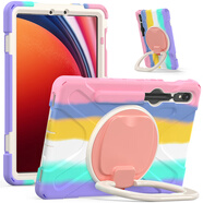 萬浮生適用于三星S10Fe平板保護(hù)套無磁標(biāo)簽S8Plus S7 S9Fe S10+ T510 T290 T225 A8 A9防摔硅膠全蓋 炫彩粉＋橫豎穩(wěn)固支架 三星Tab A7 Lite (8.7英寸