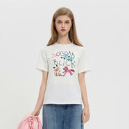 溥畔商場(chǎng)北歐時(shí)刻萌趣逗鴨聯(lián)名貓咪印花白色T恤女夏新款寬松上衣 米白 S