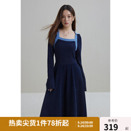 獨束大碼女裝法式復古撞色針織拼接連衣裙女彈力修身打底裙高腰長裙 深藏青 3XL