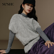 束皙SUSHE 絨馨 秋日氛圍感 定染多色羊駝毛珠飾蝙蝠袖套頭毛衣秋 光暈灰 S