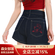 森女部落甜美原創(chuàng)顯瘦新款可愛繡花高腰牛仔短褲休閑2025夏季穿搭 藍色褲子 M