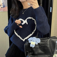 梨喃韓國蕾絲愛心甜美套頭針織上衣長袖加厚毛衣女 藏青色 均碼