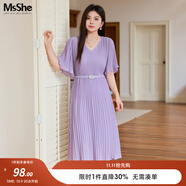 MsShe【重工壓褶珍珠雪紡連衣裙】大碼女裝2025夏季胖mm高端裙子 V領(lǐng)有腰帶】薰衣草紫現(xiàn)貨 偏大一碼 4XL