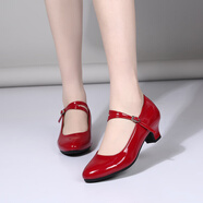 美德美新款女士拉丁舞蹈鞋軟底中高跟跳舞鞋新疆外穿銀色真皮廣場(chǎng)舞鞋子 紅色跟高3.5厘米 34