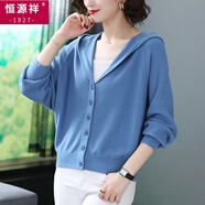 恒源祥針織外套女春秋短款早春裝2025秋新款春季外搭連帽針織開(kāi)衫毛衣女 藍色 L