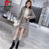 皮爾卡丹（pierre cardin）加棉加厚粗花呢大衣女中長(cháng)款冬季新款呢子女裝小香風(fēng)套裝裙兩件套 駝色單裙子 M 95--110斤