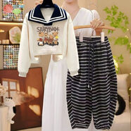 貝貝怡（Bornbay）2025新女童秋季巨好看polo領(lǐng)衛衣套裝款春裝洋氣時(shí)髦中大童燈籠褲 杏色衛衣+條紋褲 130