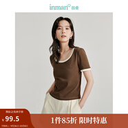茵曼（INMAN）撞色羅紋棉女裝U領短袖T恤修身氣質(zhì)通勤2025夏季新款短款上衣 深咖啡 S