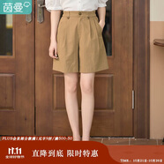 茵曼（INMAN）設(shè)計(jì)感高腰短褲橡筋松緊腰遮胯直筒休閑褲女18332|099 卡其色 M