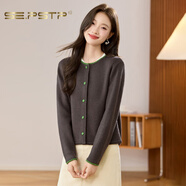 夏典素訂女王（SE.PSTP）新年紅色綿羊毛針織開(kāi)衫毛衣女裝2025秋季新款小香風(fēng)針織開(kāi)衫撞色 咖色原創(chuàng  )輕奢大品牌官方旗艦 M