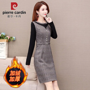 皮爾卡丹格子加厚連衣裙女2025年秋冬新款收腰顯瘦小個(gè)子時(shí)尚減齡打底裙子 卡其色【808】【加絨加厚】 XL 100-110斤