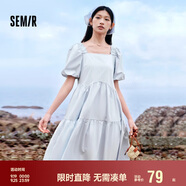 森馬連衣裙女溫柔系木耳邊方領(lǐng)夏季泡泡袖娃娃裙甜美107424114030