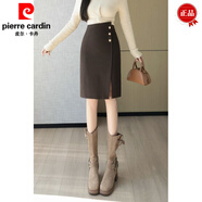 皮爾卡丹（pierre cardin）不規則毛呢半身裙女秋冬OL新款高腰顯瘦a字裙開(kāi)叉呢子包臀中裙子 保暖黑色 后背拉鏈 S 建議 80斤-95斤